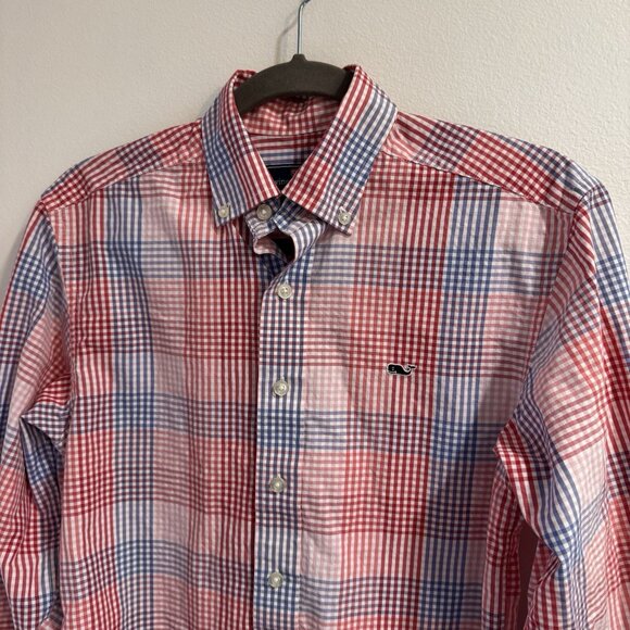 Vineyard Vines Whale Shirt Mens XS Gingham Check Plaid Button Front Red Blue - Picture 2 of 10